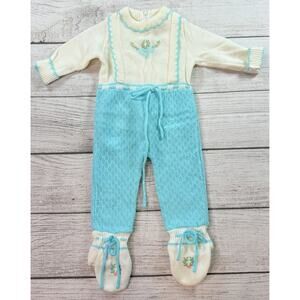 Vintage Unisex Kids Knitted Jumpsuit One Piece Embroidered Blue White Size 0-6mo
